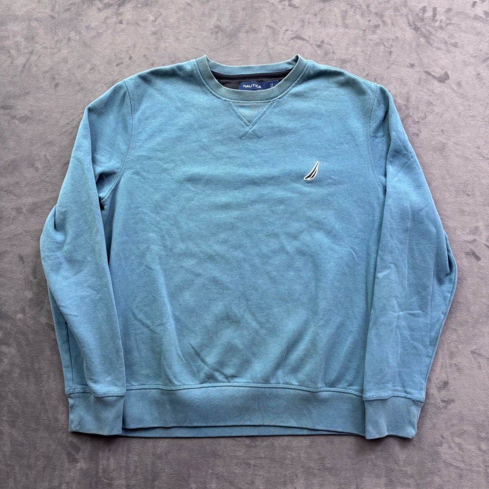 Nautica Mens Crewneck Sweatshirt Teal Blue Long Sleeve J-Class Logo Size M